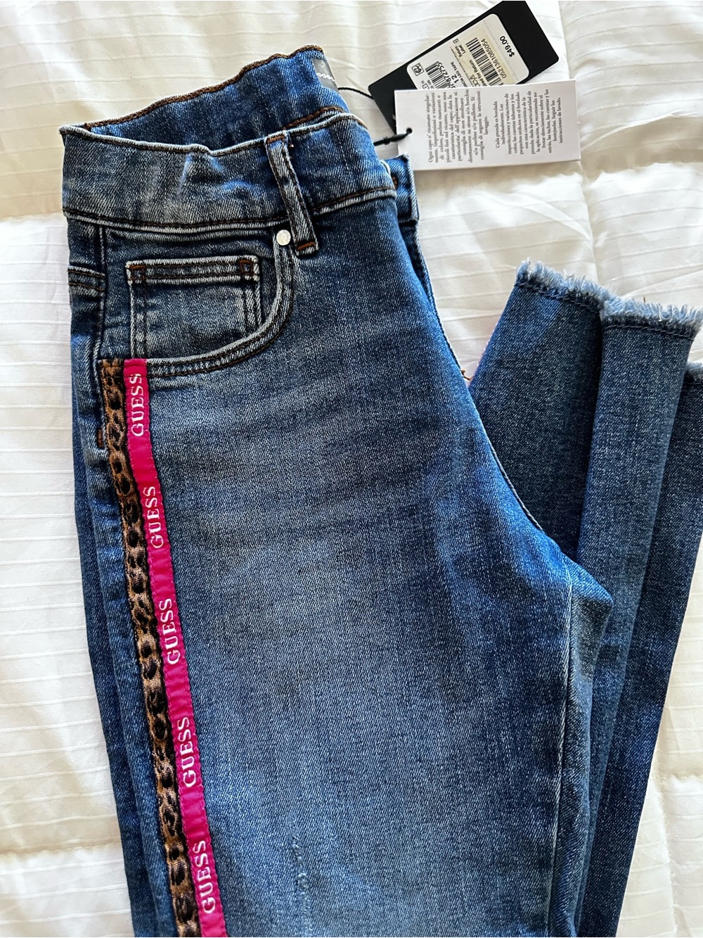 GUESS Blue Skinny Jeans with Pink Logo and Leopard Trim